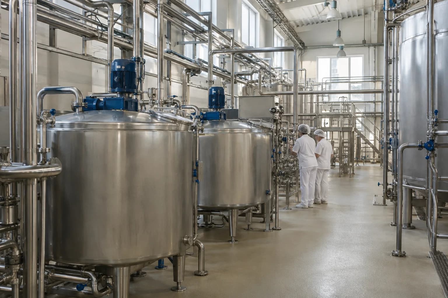 Lebensmittelproduktion mit Edelstahlbehältern und hygienisch ausgeführten Prozessleitungen.