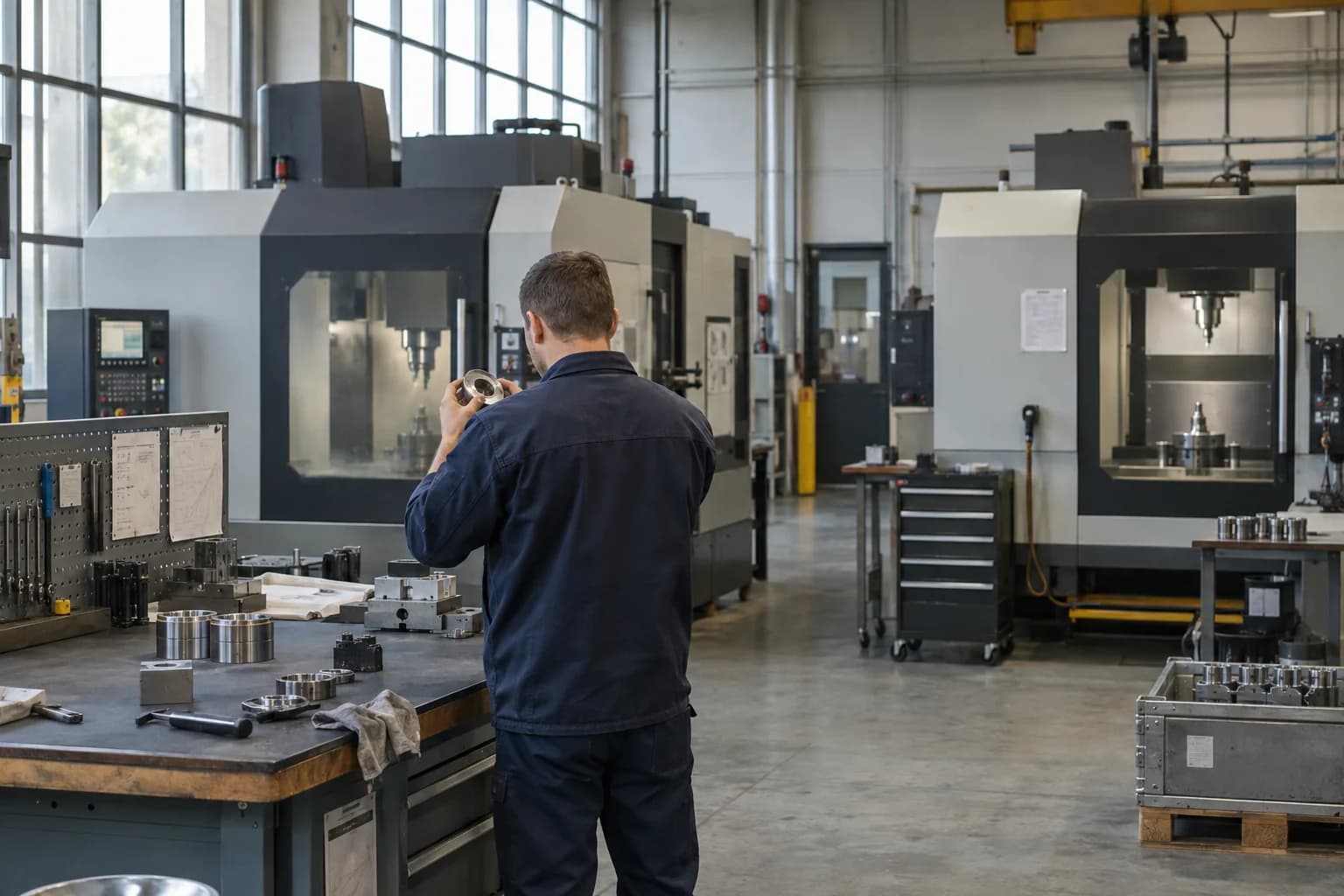 Präzisionsfertigung mit CNC-Maschinen und einem Arbeitsplatz zur Bauteilprüfung.