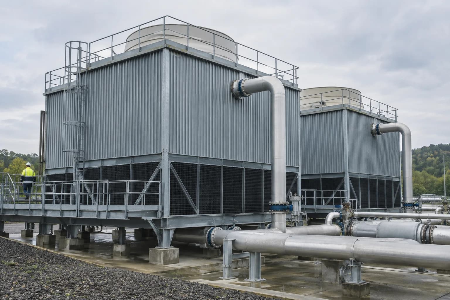 Industrielle Kühltürme mit verzinkten Gehäusen, Wartungssteg und Kühlwasserleitungen.