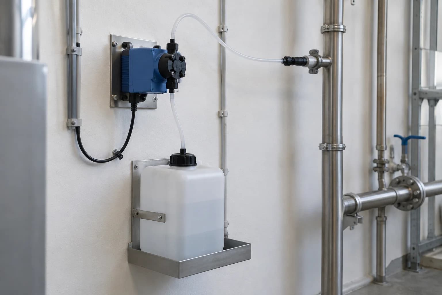 Kompakte Dosierstation mit Dosierpumpe, Vorratsbehälter und angeschlossenen Leitungen.