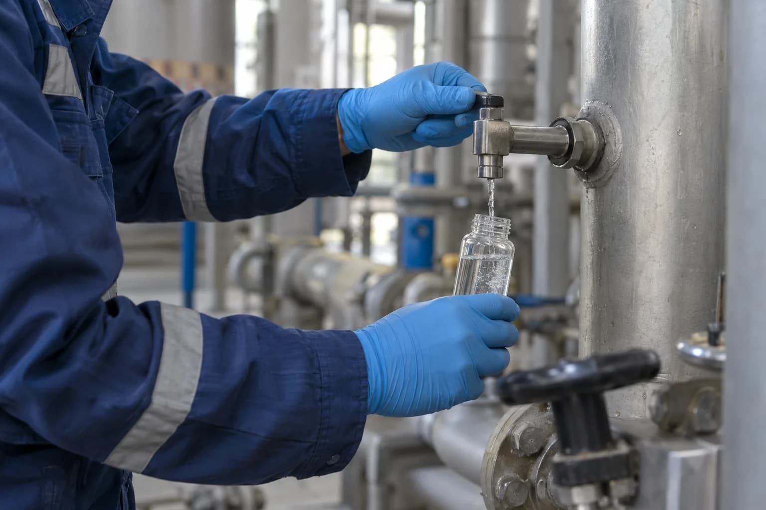 Entnahme einer Wasserprobe am Probenahmeventil eines industriellen Wasserkreislaufs.