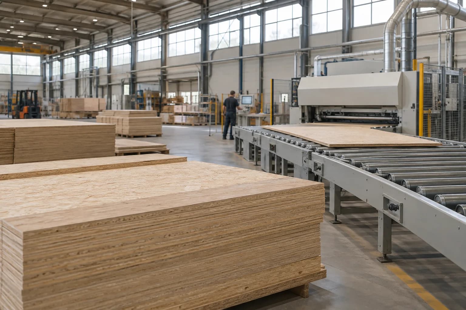 Holzverarbeitung mit Plattenmaterial und einer geordneten industriellen Fertigungslinie.